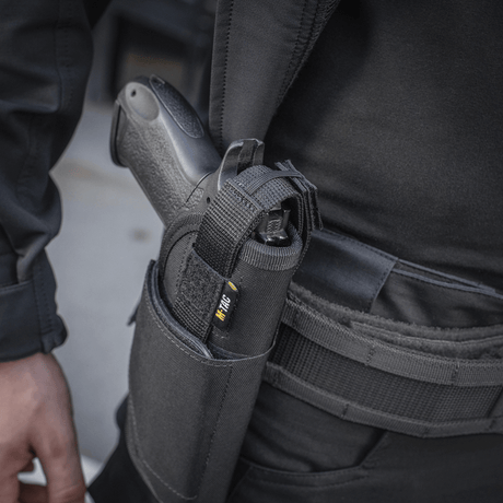 M-Tac Universal Taktisk Hylster Elite Højre, säädettävä pistoolikotelo Cordura 500D:stä, YKK-hihna ja MOLLE-kiinnitys, musta.