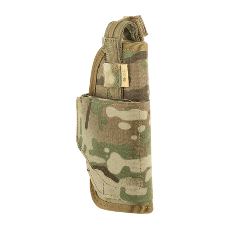 M-Tac Universal Taktisk Hylster Elite Højre camo-kuosissa Cordura 500D:llä, säädettävä hihna ja Velcro-lukko aseen säilytykseen.