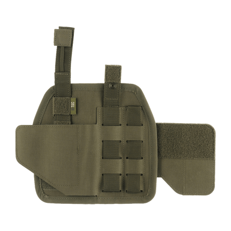 M-Tac Universal Taktisk Hylster Elite Højre oliivinvihreässä Cordura 500D:ssä, MOLLE-liitännällä säätöön ja aseen varmaan kiinnitykseen.