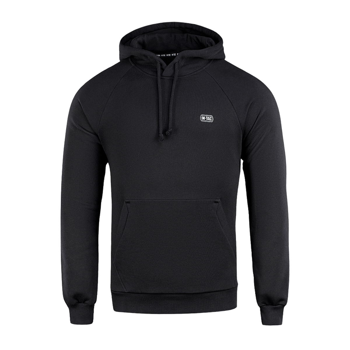 M-Tac Hættetrøje Cotton Raglan i sort med raglanærmer og hætte, lavet af 100% bomuld for komfort og bevægelsesfrihed.