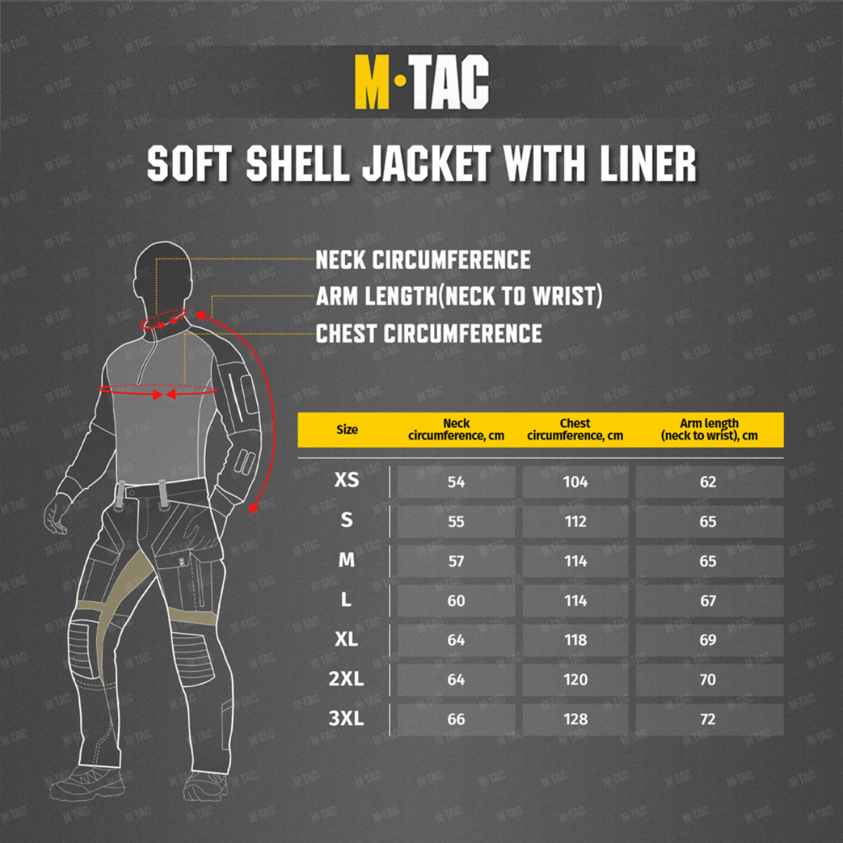 Størrelsesguide for M-Tac Soft Shell Jakke med Liner med mål for hals, bryst og ærmelængde i forskellige størrelser.