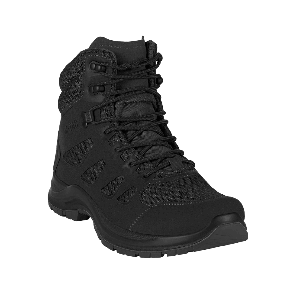 M-Tac Taktiske Sommerstøvler Iva i sort, designet med åndbart mesh og syntetisk nubuck for optimal komfort og ventilation.