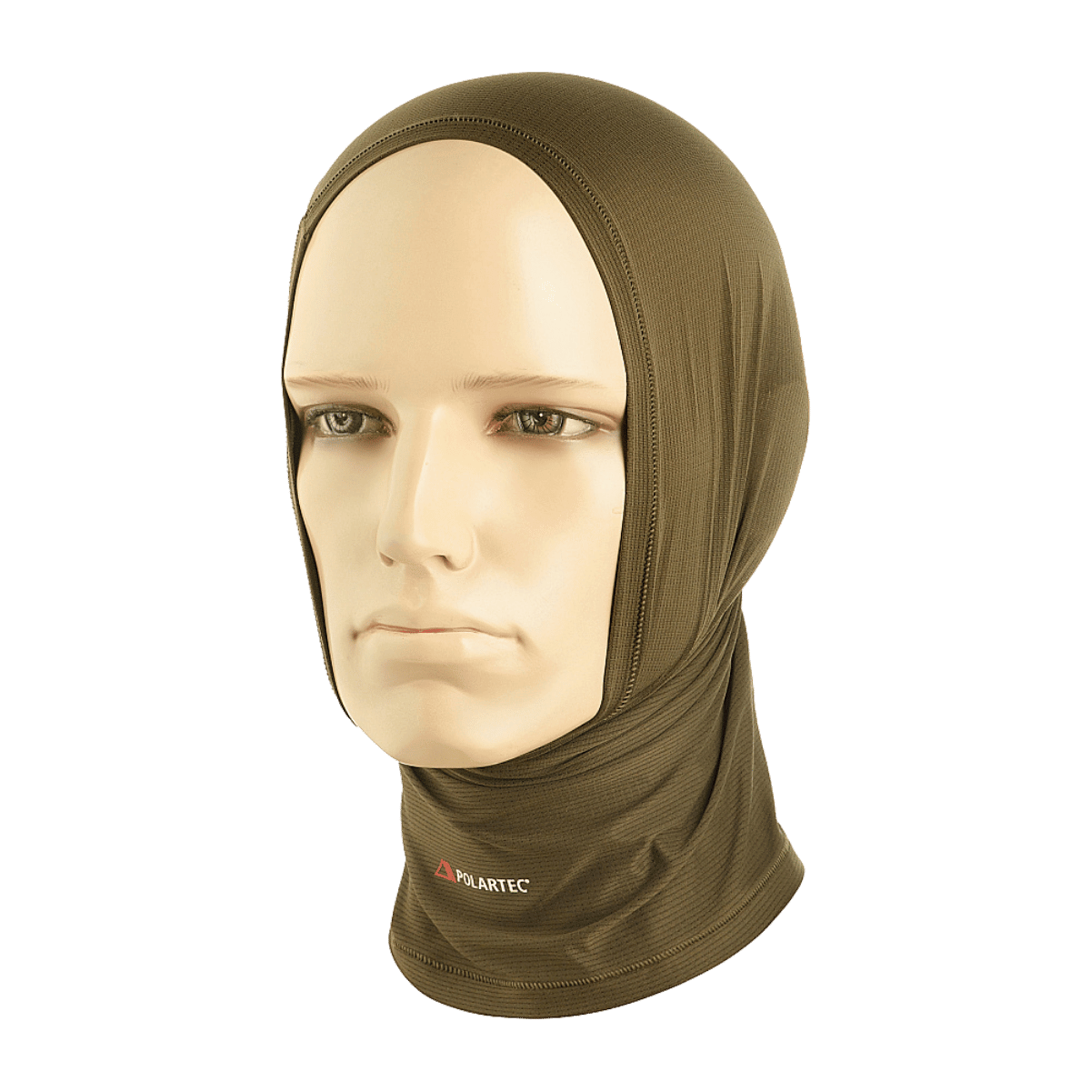 M-Tac Polartec Vent Tube Scarf i brun farve vist som en ansigtsmaske, bæres af mannequin, fremstillet af Polartec® Power Dry® materiale