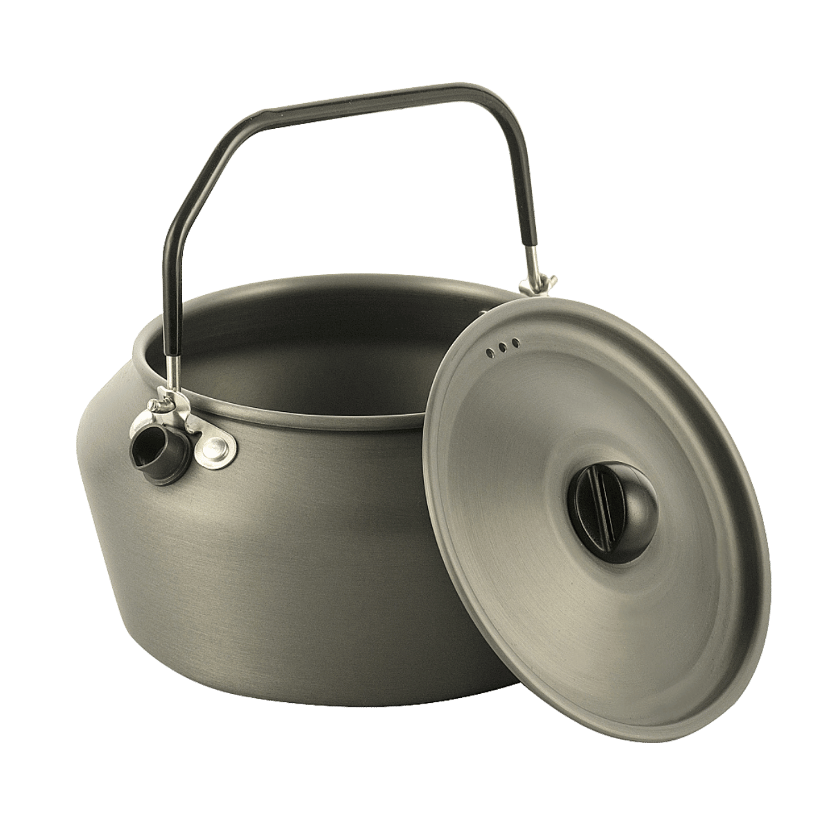 M-Tac Kedel 1,2 L i anodiseret aluminium med gummibelagt hank, perfekt til camping og udendørs aktiviteter. Let og holdbar.