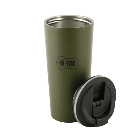 M-Tac 450 ml termosmuki venttiilillä ruostumattomasta teräksestä, avoin kansi vieressä, suunniteltu pitämään juomat lämpiminä tai kylminä