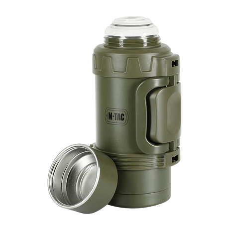 M-Tac 1,6 L termospullo ruostumattomasta teräksestä retkeilyyn ja ulkokäyttöön, esitetty kannen ja vakuumtiivisteen kanssa. Sopii juomille