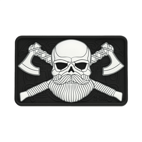 M-Tac Bearded Skull 3D PVC-patch kahdella kirveellä ja partaisella kallo-kuviolla mustavalkoisena, kiinnitetään Velcrolla.