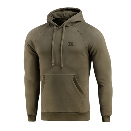 M-Tac Cotton Raglan Hard Hoodie i olivenfarve, 100% bomuld, fleecefor, raglanærmer, kængurulomme, egnet til efterår og vinter.