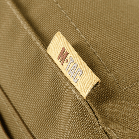 M-Tac M249 Cartridge Box Closed -tasku, yksityiskohta M-Tac-logolla Cordura 500D -materiaalissa, ruskea.