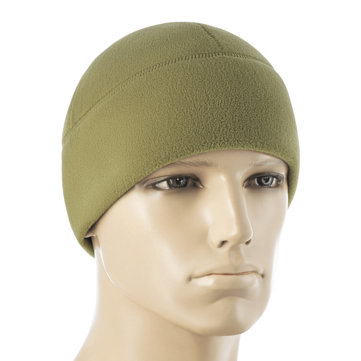 M-Tac Fleece Polartec Watch Cap i olivengrøn på mannequin, perfekt til kolde vejrforhold og udendørs aktiviteter, lavet af holdbart Polartec fleece.