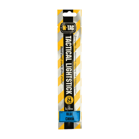 M-Tac Glow Stick 15 cm pakkauksessa, sininen, itsenäinen valonlähde ilman sähköä, turvallinen ja myrkytön, kestäen jopa 24 tuntia.