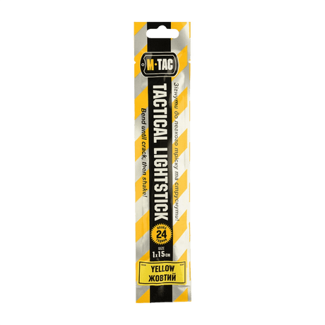 M-Tac Glow Stick 15 cm keltainen taktiseen käyttöön, valaisee jopa 24 tuntia, turvallinen ja myrkytön, sopii pimeisiin alueisiin ja signaalointiin.