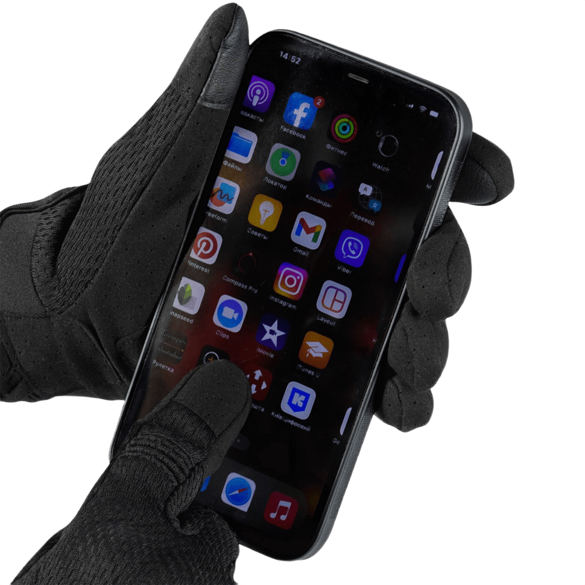 M-Tac Handsker A30 anvendes med smartphone, viser touchscreen-kompatibilitet og holdbar microfiber design, perfekt til træning.