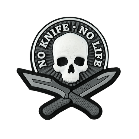 M-Tac Patch No Knife – No Life 3d PVC taktinen morale-tarra kraniumilla ja veitsillä, velcro-tausta, 50x50 mm