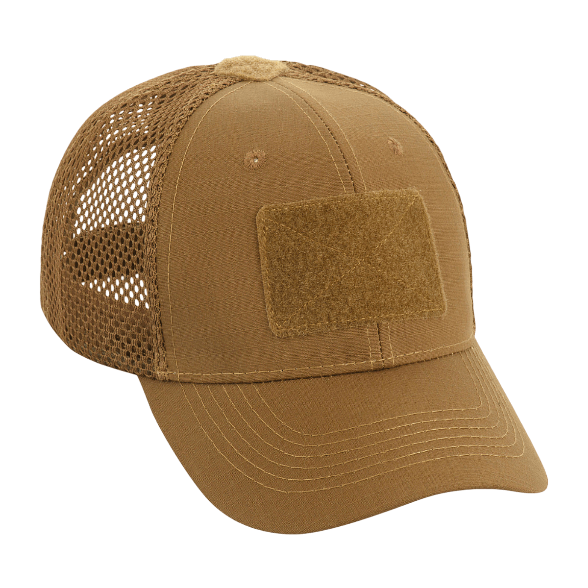 M-Tac Mesh Flex Ripstop Baseball Cap med Velcro i khakifarve med Velcro-panel foran og mesh-sider for god ventilation og komfort.