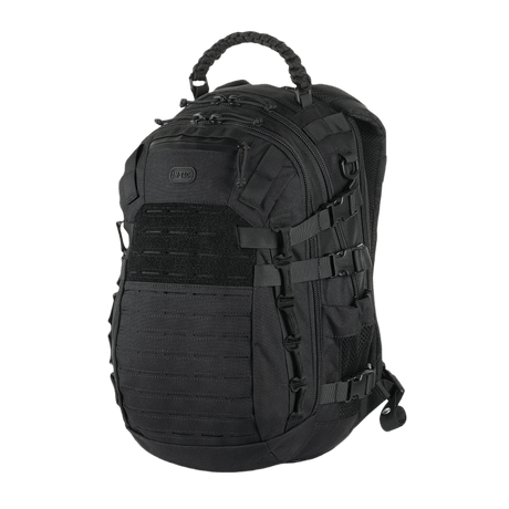 M-Tac Mission Pack -reppu ergonomisella muotoilulla ja kestävästä nylonista, sopii metsästykseen ja ulkoiluun. Tilavuus 25 L, MOLLE-järjestelmä, musta.