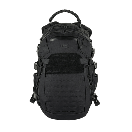 M-Tac Mission Pack -reppu mustasta nylonia, MOLLE-järjestelmällä. Sopii taktiseen käyttöön, metsästykseen ja matkailuun. Tilavuus 25l, 49x29x31 cm, 1800 g.