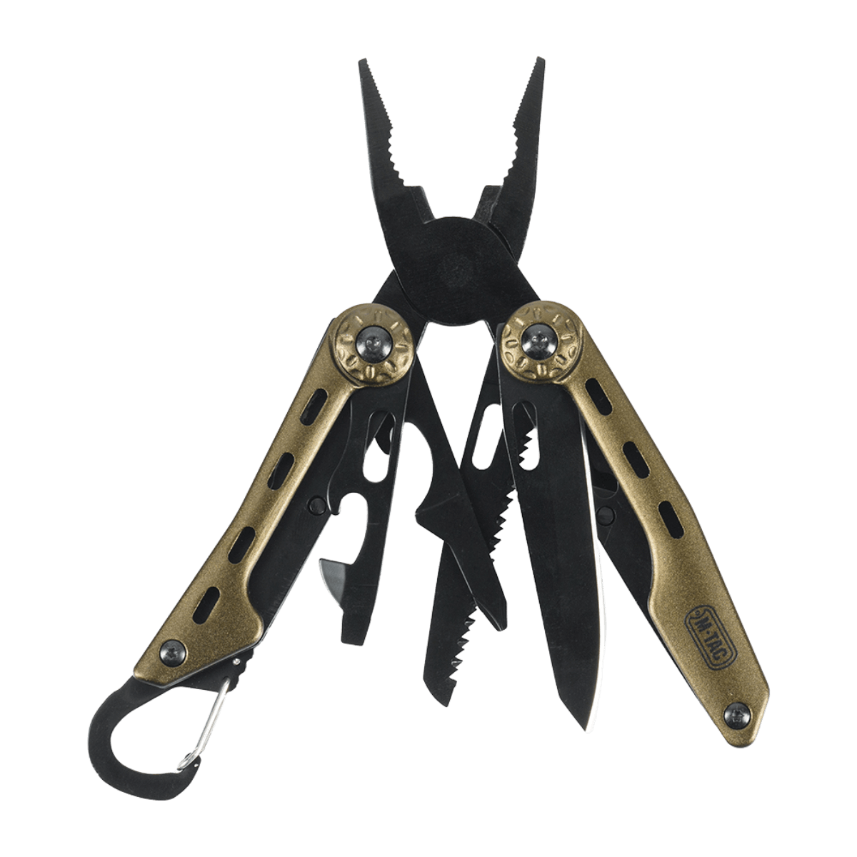 M-Tac Multiværktøj Type 5 i rustfrit stål til udendørs brug med nålenæse-tang og flere funktioner.