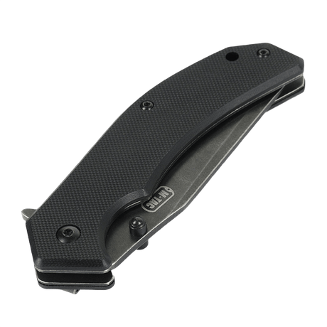 M-Tac Outdoor & Militær taitettava veitsi - Type 8 en, taitettuna ja kantovalmiina, esittelee ergonomisen mustan kahvan ja Clip Point -muotoisen terän.