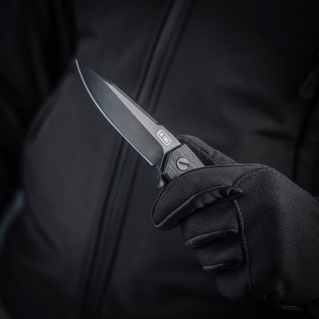 M-Tac Outdoor & Militær taitettava veitsi – Type 6, en, mustahanskassa pidetty, kromattu ruostumaton terä, g10-komposiittikahva.