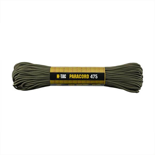 M-TAC Paracord 475 i olivengrøn, 100% nylon, 15 m lang, ideel til outdoor-aktiviteter og lejr, høj trækstyrke, letvægts design.
