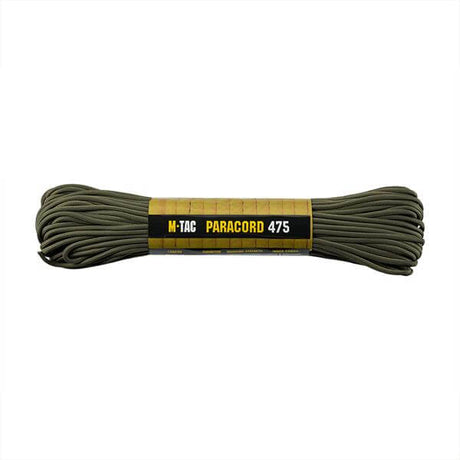 M-TAC Paracord 475 oliivinvihreä, 100% nylon, 15 m pitkä, sopii ulkoiluun ja leiriin, korkea vetolujuus, kevyt muotoilu.