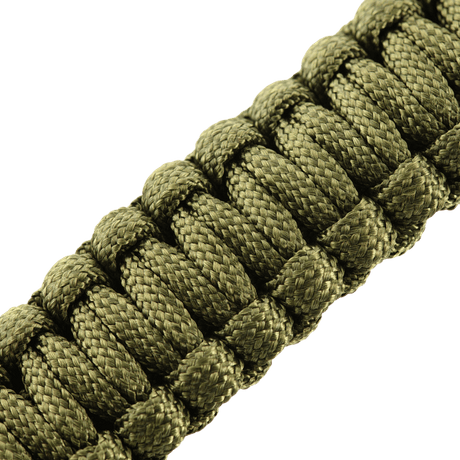 Lähikuva M-Tac Paracord-rannekorusta tulentekijällä, kompassilla ja pillillä, vihreä, ihanteellinen selviytymiseen ja retkeilyyn