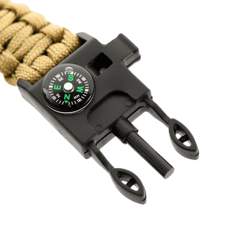 M-Tac Paracord-rannekoru beigena mustalla soljella ja kompassin yksityiskohdalla