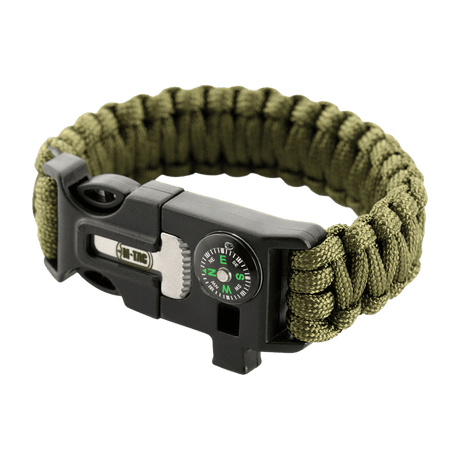 M-Tac Paracord-rannekoru sytyttimellä, kompassilla ja pillillä oliivinvihreänä, ihanteellinen ulkoiluun ja selviytymiseen.