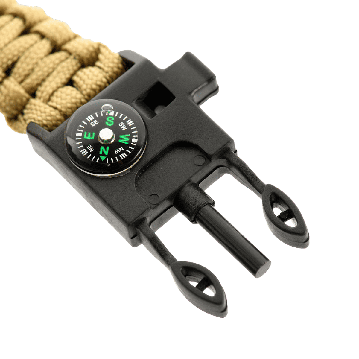M-Tac Paracord Armbånd med Ildstarter, Kompas og Fløjte i beige med sort spænde og kompasdetalje.