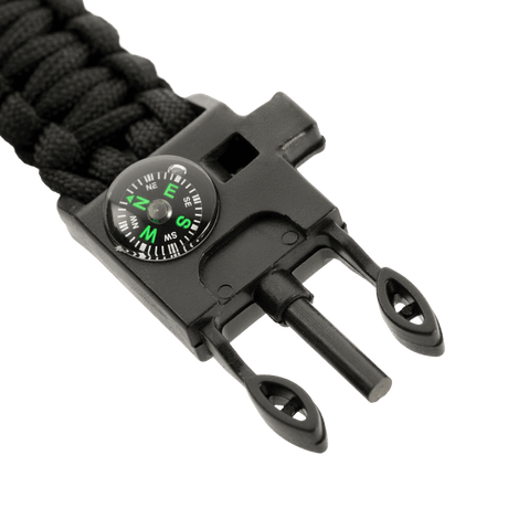 M-Tac Paracord-rannekoru sytyttimellä, kompassilla ja pillillä mustana, kestävät materiaalit ja monitoimiset ominaisuudet.
