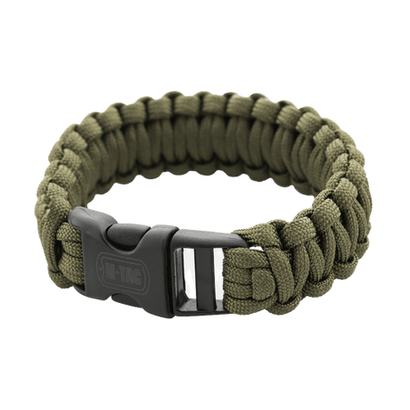 M-Tac Paracord-rannekoru sotilasvihreänä, selviytymisranneke vahvalla ja kevyellä paracord-narulla. Täydellinen retkeilyyn. Kantaa jopa 200 kg