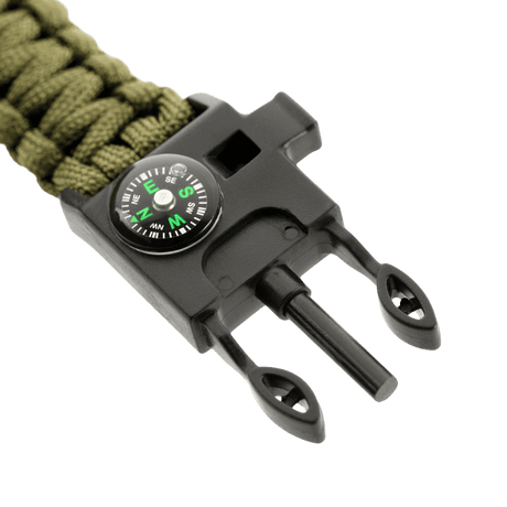 M-Tac Paracord-rannekoru vihreänä tulentekijällä, kompassilla ja pillillä, täydellinen retkeilyyn ja selviytymiseen