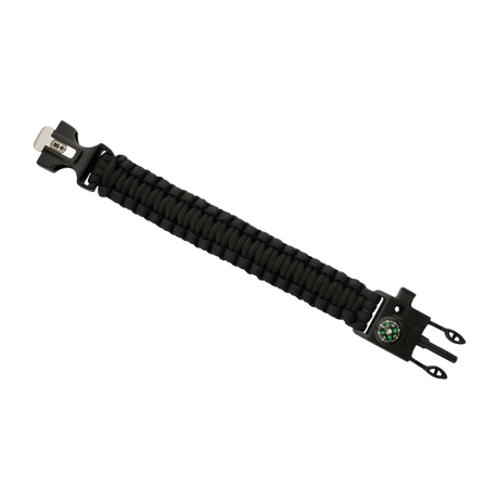 M-Tac Paracord-rannekoru sytyttimellä, kompassilla ja pillillä vaativaan ulkoiluun, musta paracord-ranneke lisätoiminnoilla.