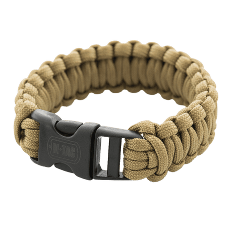 M-Tac Paracord-rannekoru beigena mustalla soljella, ihanteellinen retkeilyyn ja selviytymiseen, tukevan tyylikäs