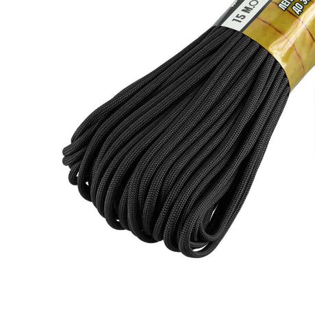 Musta M-TAC Paracord 475, 15 metriä nylonköyttä, kestävä ja kulutusta kestävä, ihanteellinen ulkoiluun ja retkeilyyn.