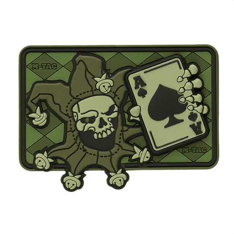 M-Tac Patch Joker Skull 3D PVC jokeri ja ässä kuoleman kortti -muotoilulla, taktinen morale-patch PVC:stä Velcro-kiinnityksellä, 78 x 55 mm.