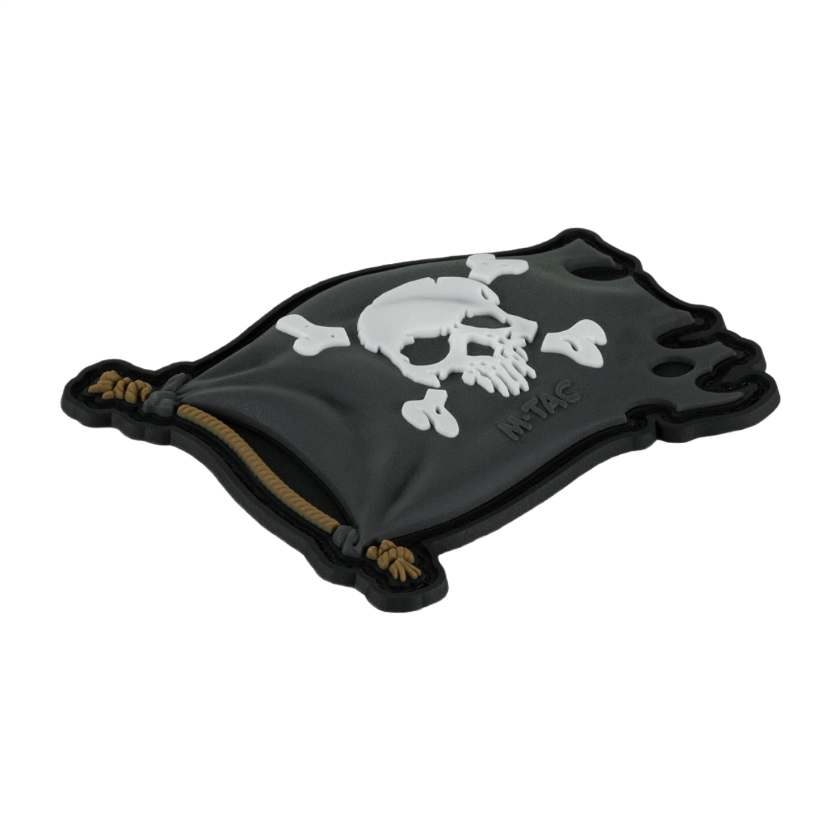 M-Tac Patch Jolly Roger PVC, 3D design i sort og hvid, lavet af PVC med velcro, eventyrsymbolik, 8x5 cm, til beklædning og taktisk udstyr.