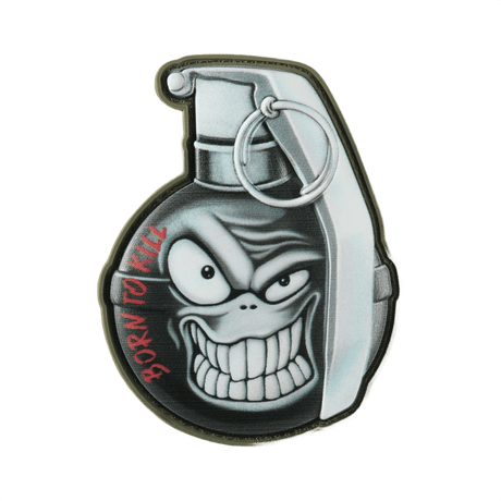M-Tac Patch M67 Kranaatti 3D PVC humoristisella emojilla ja tekstillä 'Born to Kill', sopii taktisiin varusteisiin, koko 8.8 x 6.8 cm