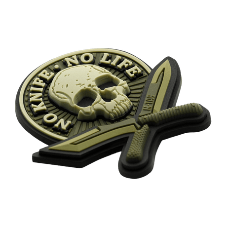 Taktinen M-Tac Patch No Knife – No Life 3d PVC veitsi ja pääkallo, velcro-takana, realistinen 3d-ilme, 50x50 mm