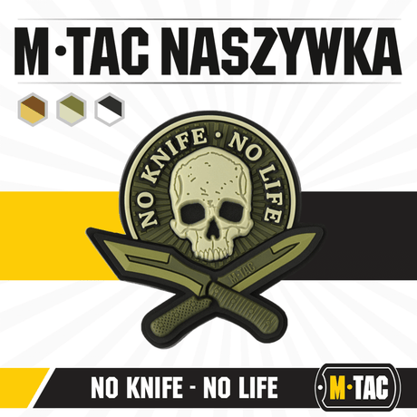 M-Tac Patch No Knife – No Life 3d PVC taktinen morale-tarra veitsiaiheella, kumimateriaali ja velcro, 50x50 mm