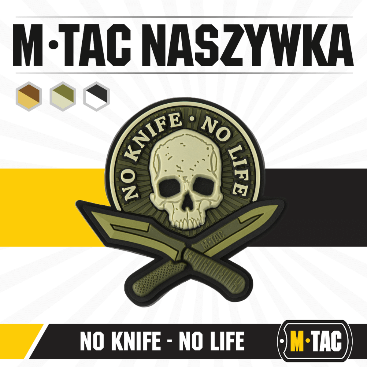 M-Tac Patch No Knife – No Life 3D PVC taktisk morale patch med knive, inspireret af Blade Brothers, gummi PVC med velcro, 50x50 mm.