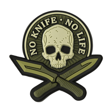 M-Tac Patch No Knife – No Life 3d PVC taktinen morale-tarra pääkallon ja veitsien kuvalla, velcro-takana, 50x50 mm