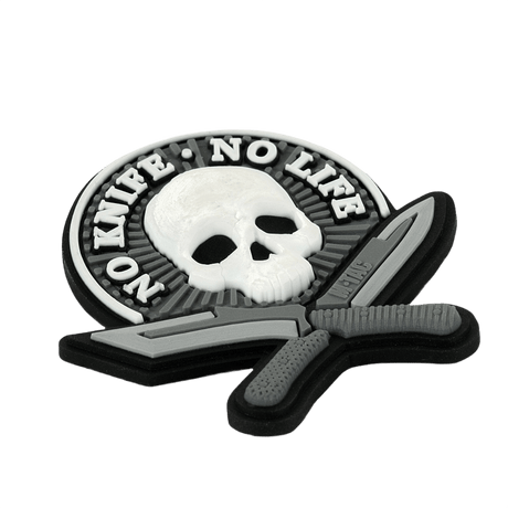 M-Tac Patch No Knife – No Life 3d PVC morale-tarra pääkallolla ja veitsillä, velcro-takana, 50x50 mm