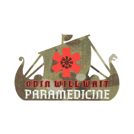 M-Tac Patch Viking Evac, jossa 'Odin Will Wait' -teksti ja ensihoitosymboli punaisena ja valkoisena. Sopii taktiseen käyttöön.