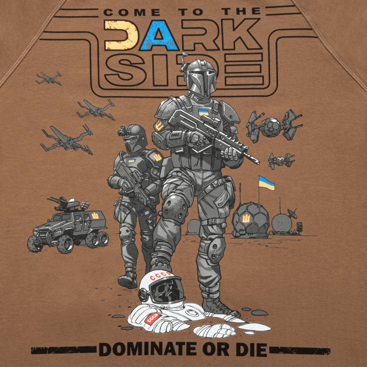 T-shirt design med futuristiske soldater og teksten 'Come to the Dark Side, Dominate or Die' på M-Tac Raglan T-Shirt UA Side