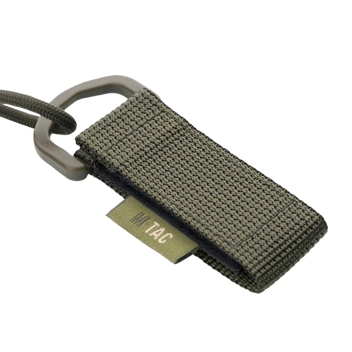 M-Tac Safety Cord med D-ring til sikring af udstyr, spiralformet paracord og PVC, MOLLE-montering, forhindrer tab eller tyveri af genstande.