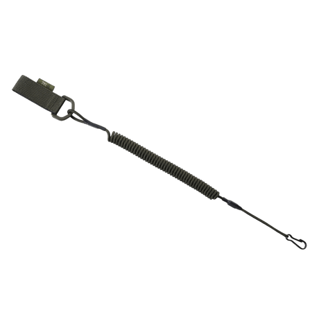 M-Tac Safety Cord med D-ring turvanyöri spiraalimuodossa varusteille kuten aseet, avaimet; puristettuna pituus: 280 mm, venytettynä: 1300 mm.