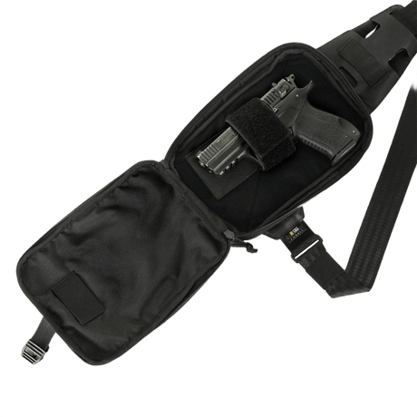 M-Tac Sling -pistoolilaukku Elite Hex Velcro mustana, avattuna näyttämään kiinnitetty pistooli, valmistettu Cordura 1000D:stä ja Cordura Hexistä.