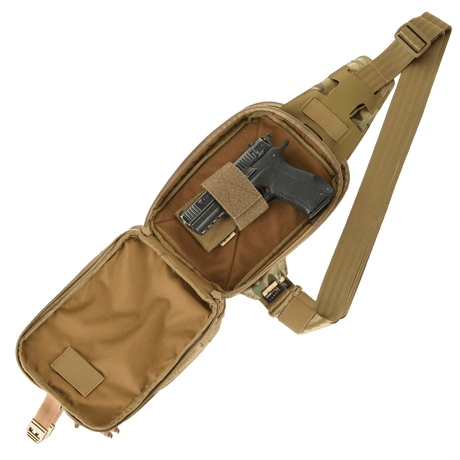 M-Tac Sling -pistoolilaukku Elite Hex Velcro piilotettuun kantoon, valmistettu kestävästä Cordurasta, säädettävä hihna, neljä lokeroa ja Velcro-etupaneeli.